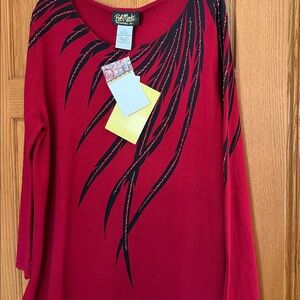 Bob Mackie Wearable Art 2X Red Black Embellished Long Sleeve Sweater Pullover
